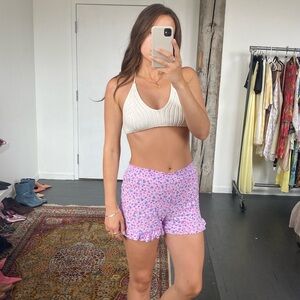 Pink and purple floral summer shorts with elastic waistband